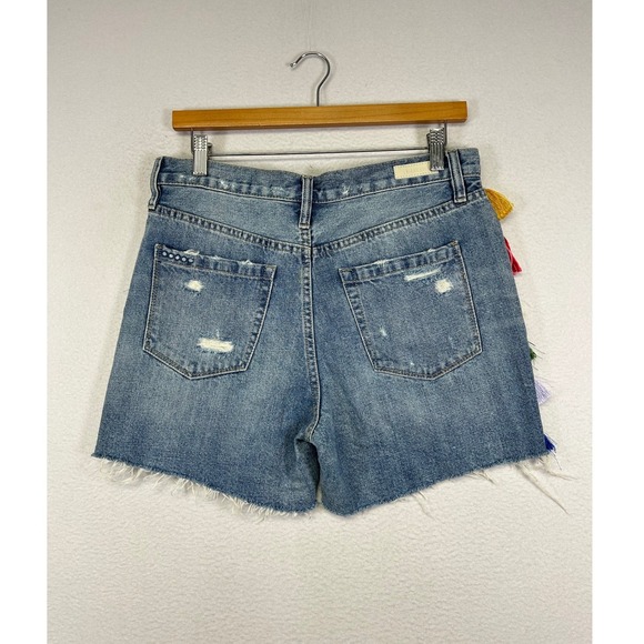Boho Festival BLANKNYC Womens 27 Blue Distressed Tassel Trim High Rise Shorts - Picture 2 of 11